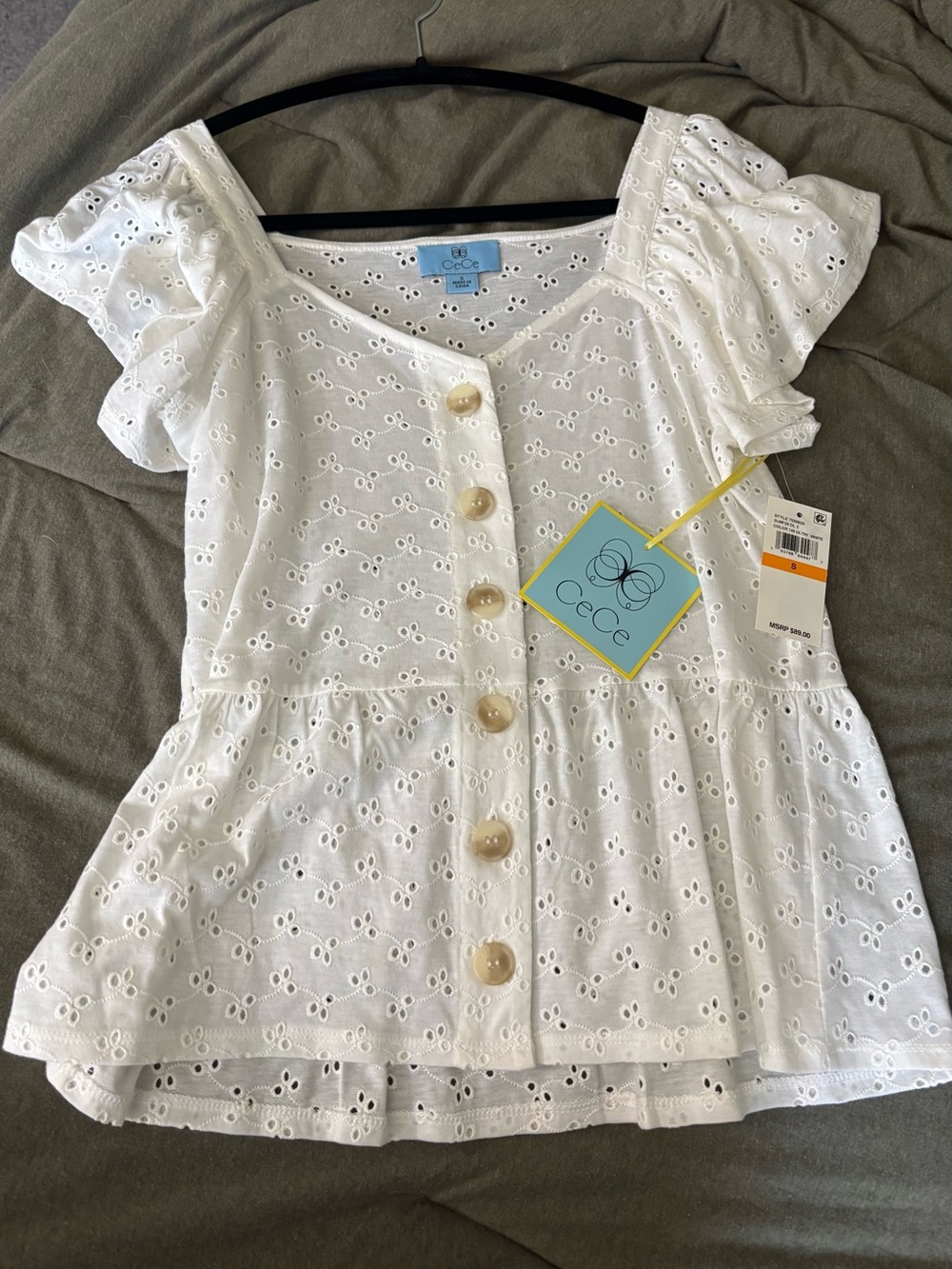CeCe White Eyelet Peplum Button Front Top